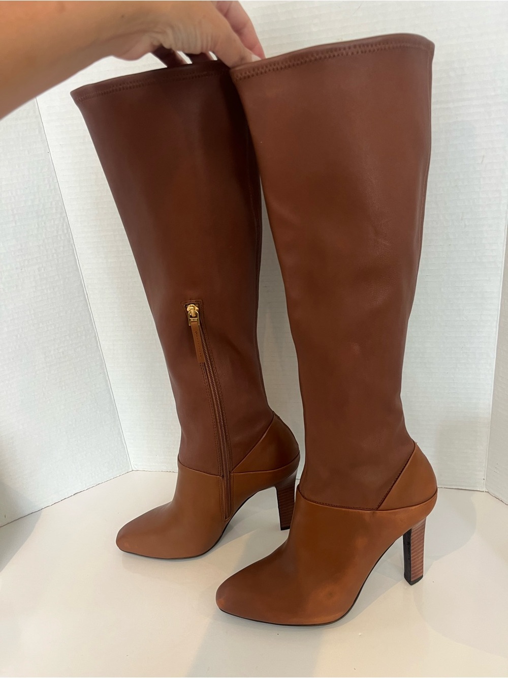 Reiss Cressida Caramel Brown Leather Knee High Heeled Boots Size 38/ 8 - Picture 5 of 14